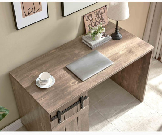 Farmhouse Style Home Office Laptop Computer Desk with One Cabinet and Three Shelves, Durable Study Writing Table with Metal Euro Cabinet Hinges