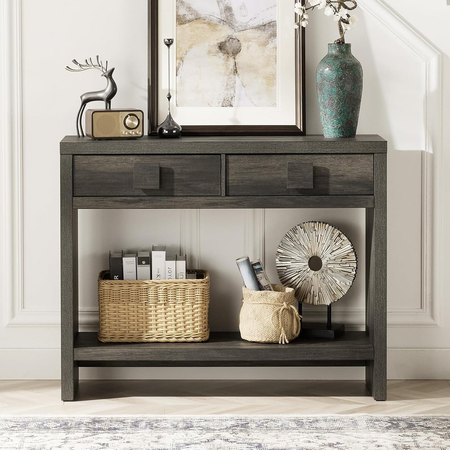Console Table with Drawers, 40 Inch Narrow Entryway Table with Open Storage Shelves, Mid Century Modern Hallway Accent Tables behind Couch Table for Living Room (Black Smoky)