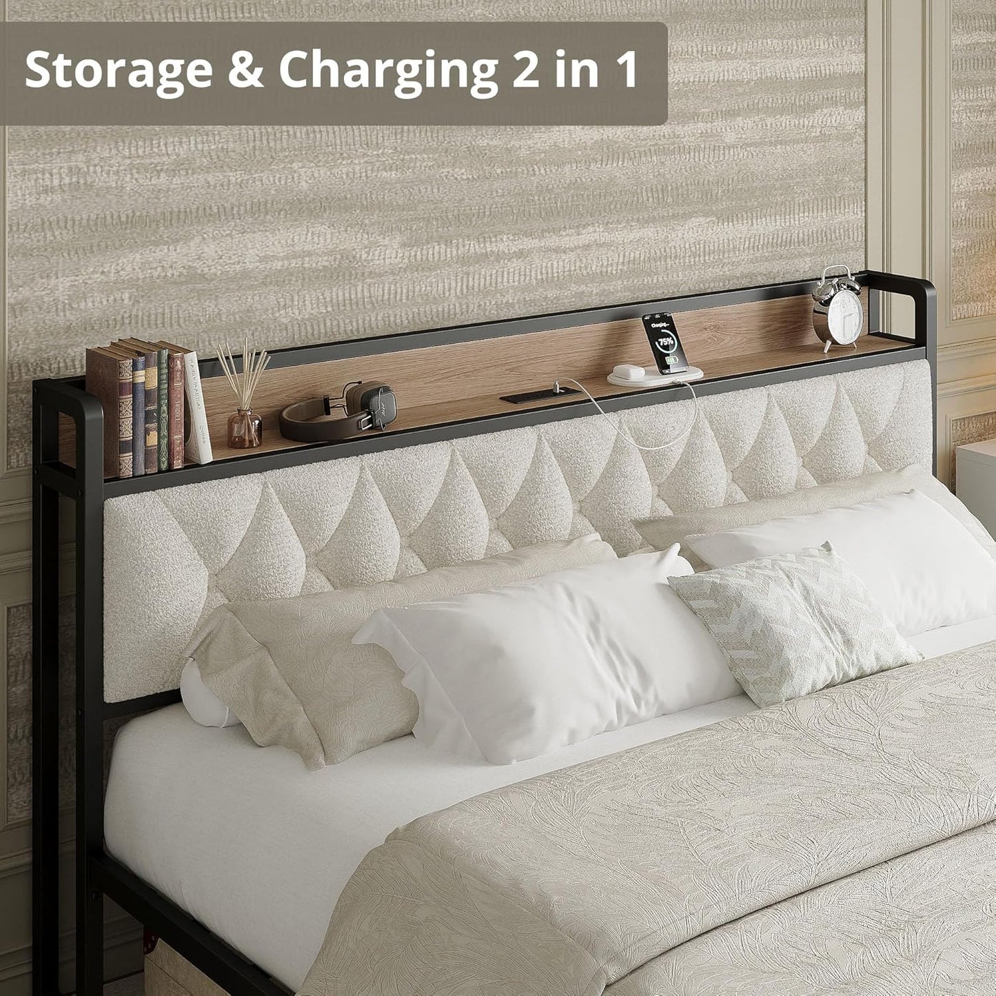 Full Size Bed Frame, Storage Headboard with Charging Station, Platform Bed Frame with Strong Metal Support, Sturdy and Stable, Noise Free, No Box Spring Needed, Easy Assembly