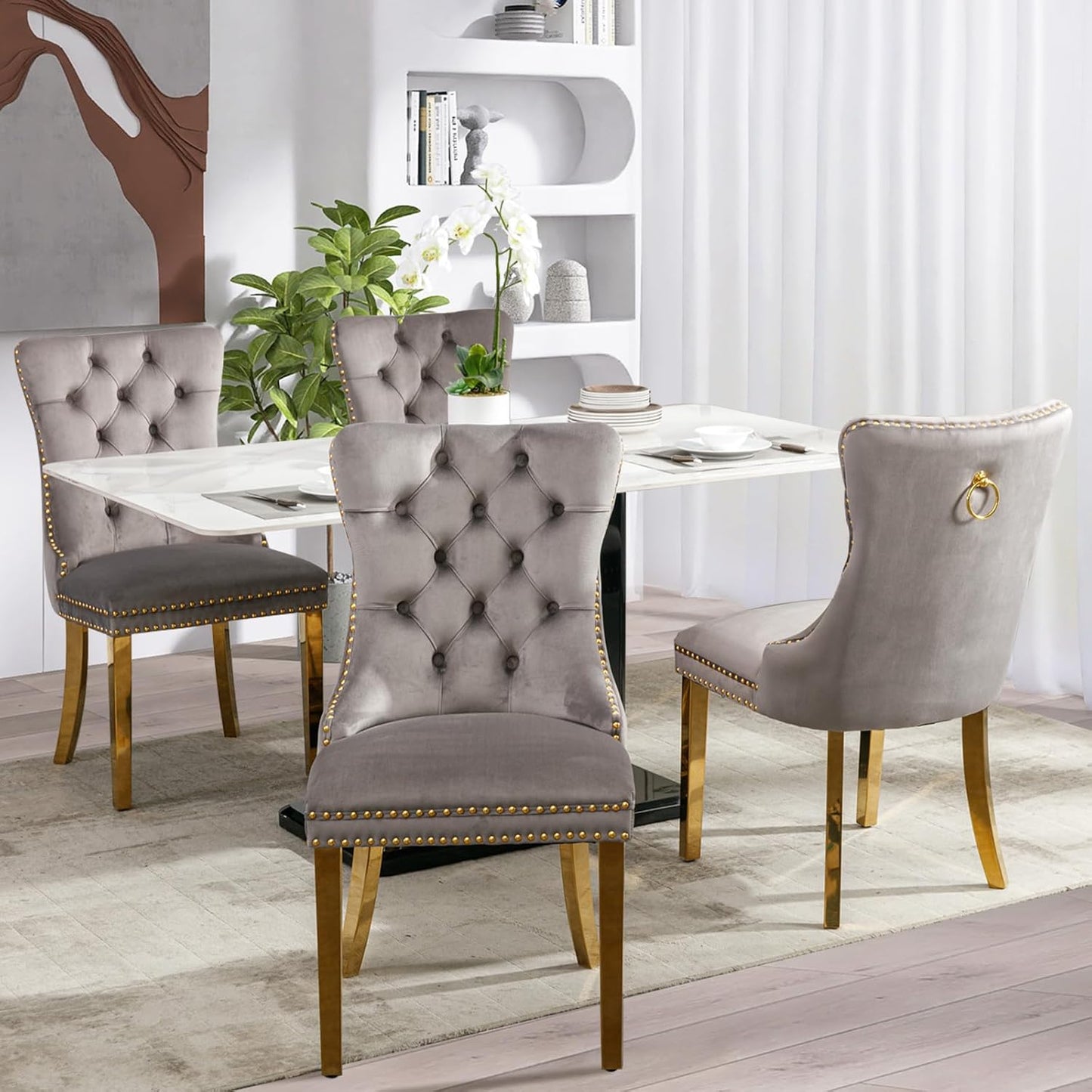 Velvet Dining Chair Set of 4, Upholstered Tufted Dining Room Chair with Nailhead Trim and Solid Gold Plated Leg for Kitchen (Grey)