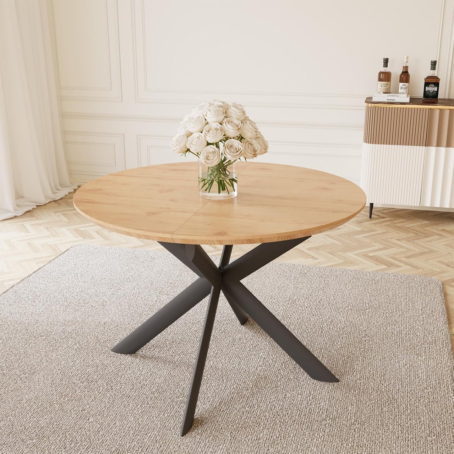 43.2"-59.1" Extendable round Dining Table, Mid Century Modern Wooden round Table, Leisure Oak Coffee Table,Saving Space