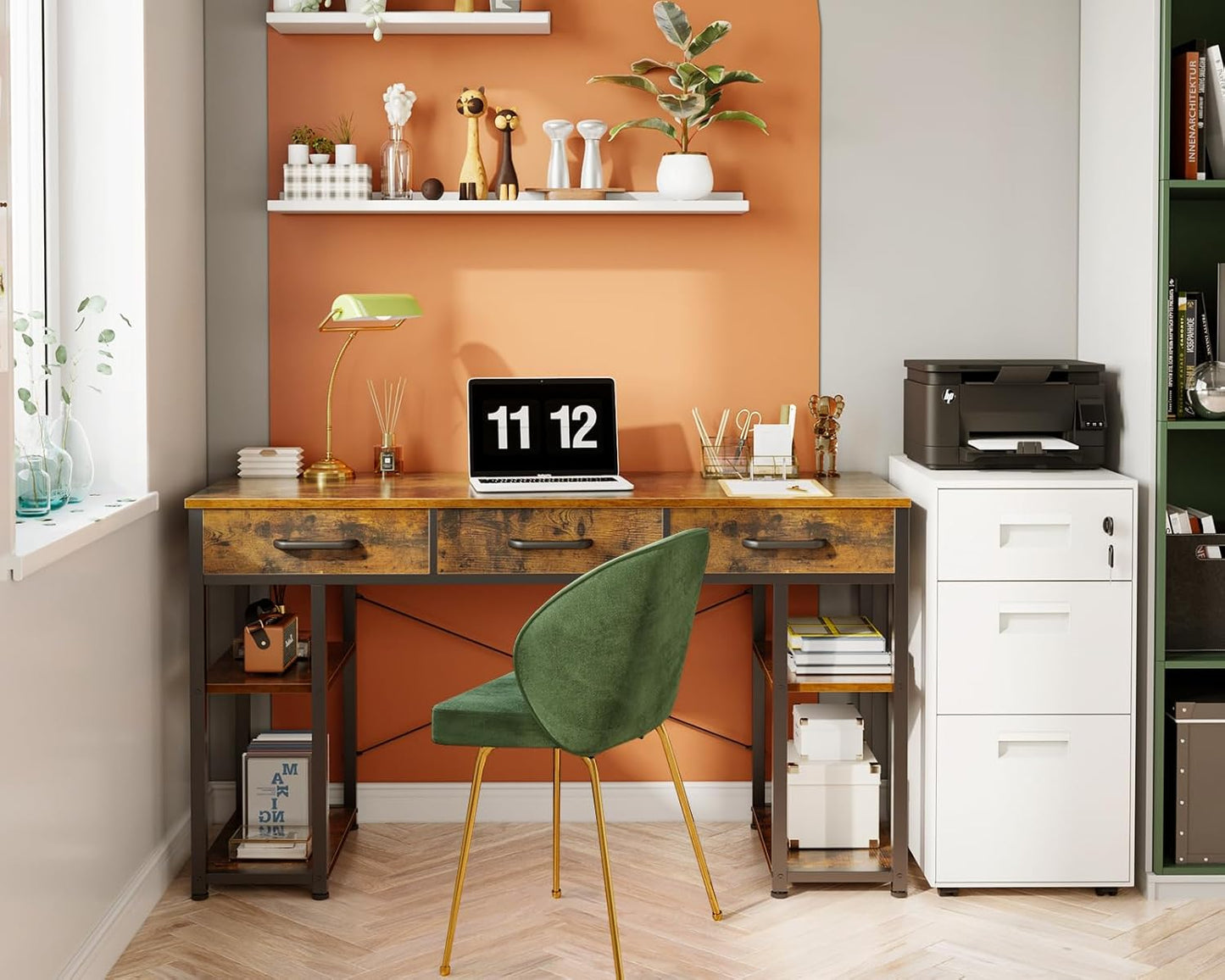 Office Small Computer Desk: Home Table with Fabric Drawers & Storage Shelves, Modern Writing Desk, Grey Oak, 48"X16"