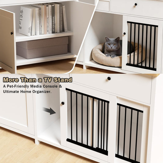 78" Double Door Dog Crate Furniture TV Stand, Heavy Duty Wooden Dog Kennel with 3 Drawers & 2 Cabinets, Extra Large Indoor Dog Cage for Medium/Large Dogs, White