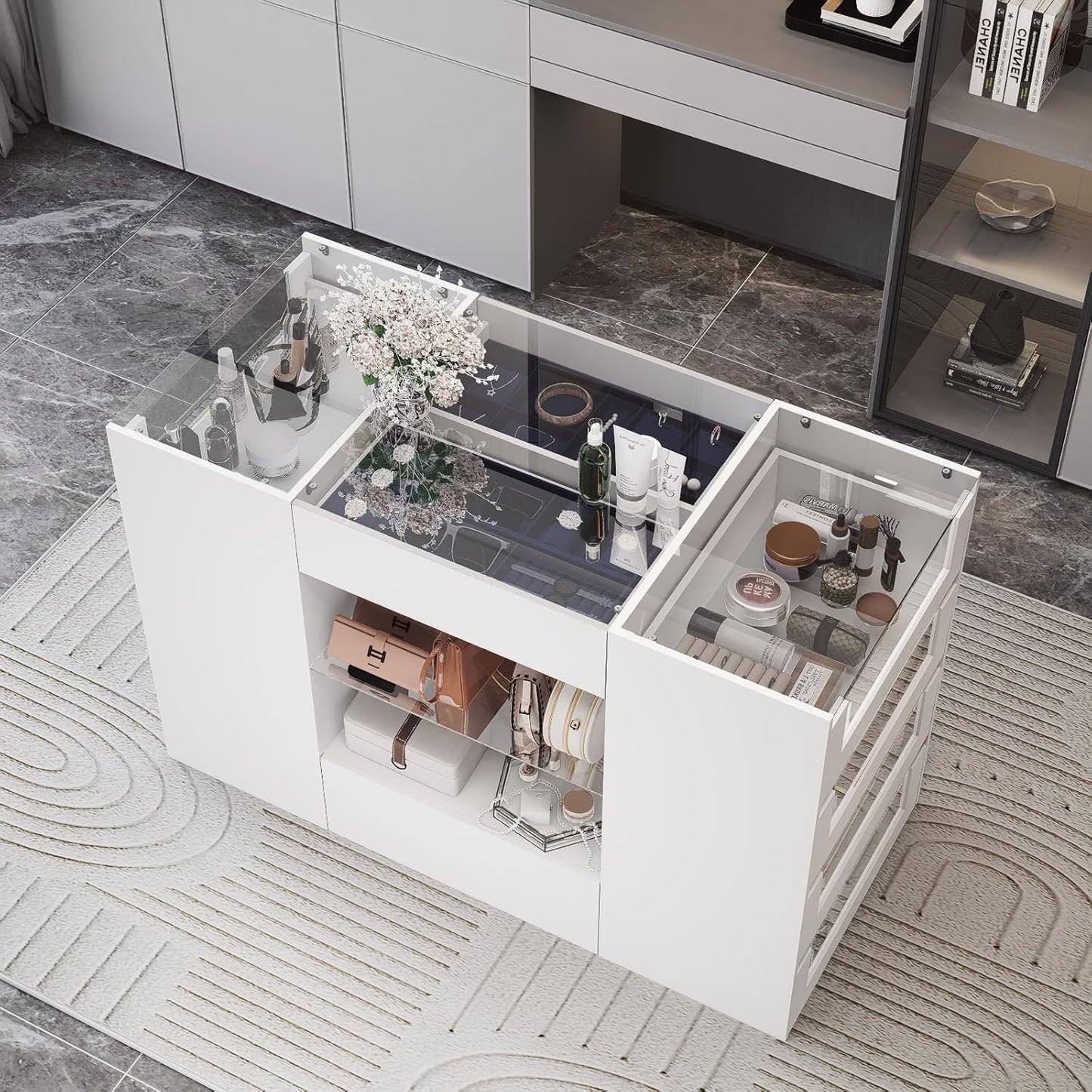 Closet Island with Drawers, Wardrobe Armoire Bedroom Island, Glass Display Shelf & 12 Drawers, White Dresser with Glass Top, Walk-In Closet Island for Bedroom, Cloakroom