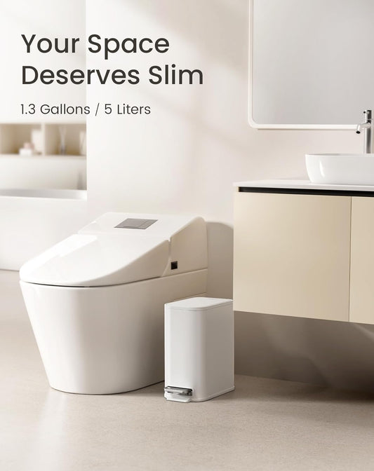Small Bathroom Trash Can with Lid Soft Close, Step Pedal, 5 Liter / 1.3 Gallon Stainless Steel Garbage Can with Removable Inner Bucket, Waste Basket for Bathroom, Bedroom (White)