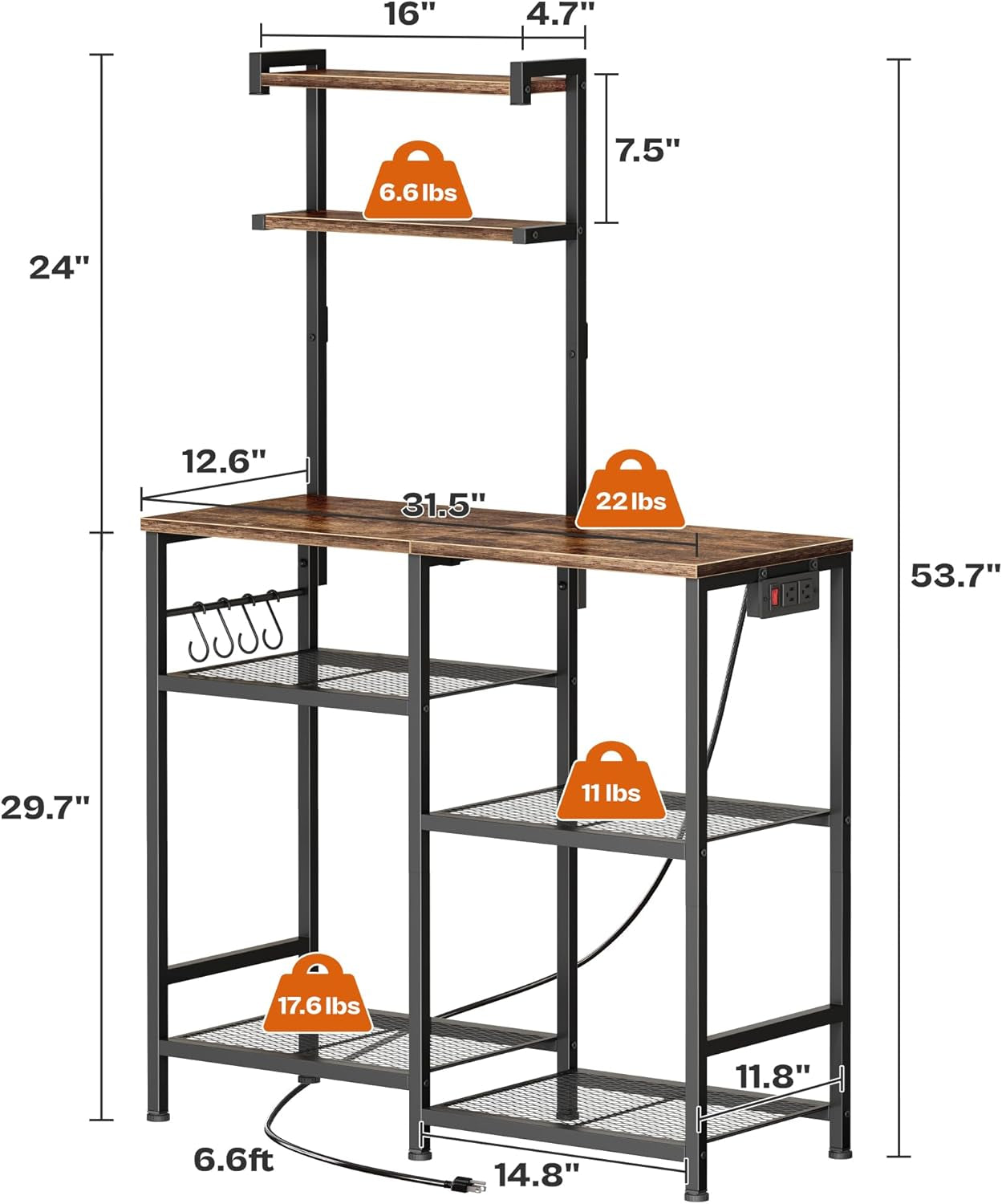 31.5 Inch Bakers Rack with Power Outlets, Kitchen Microwave Stand with Storage, Coffee Bar with 4 Hooks, 3-Level Height Open Shelves, Rustic Brown