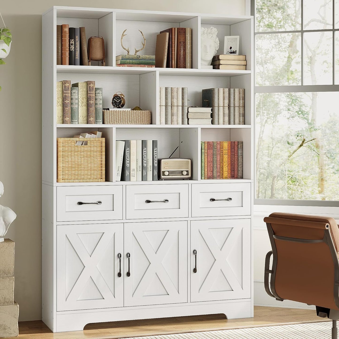 Bookshelf with Drawers & Doors, Tall Bookshelf with Storage, Bookcase with Cabinets for Home Office, Living Room, White
