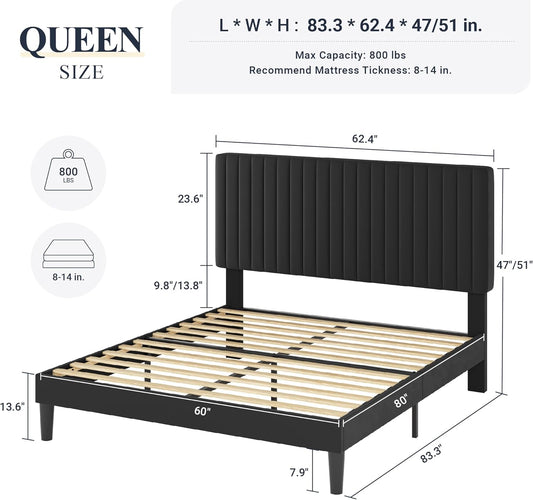 Queen Bed Frame, Velvet Upholstered Platform Bed with Vertical Channel Tufted Headboard, Mattress Foundation with Strong Wooden Slats, Box Spring Optional, Easy Assembly, Black