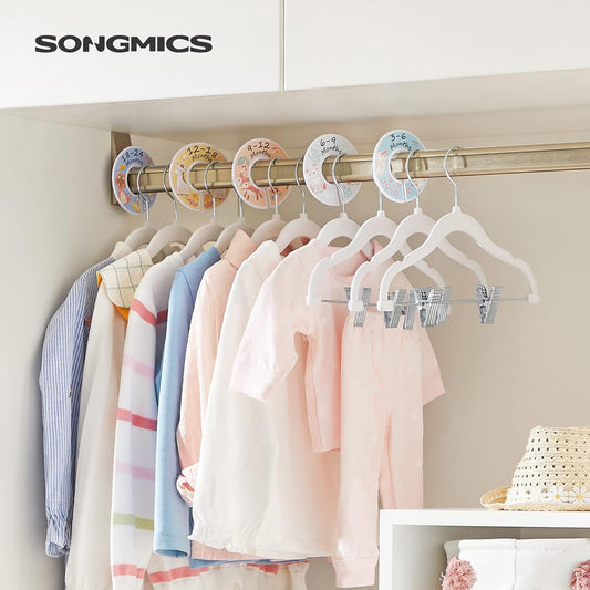 30 Packs Baby Pants Hangers with Clips, Kids Hangers with 6 Clothes Dividers, Non-Slip Children’S Clothes Hanger, White UCRF013W30