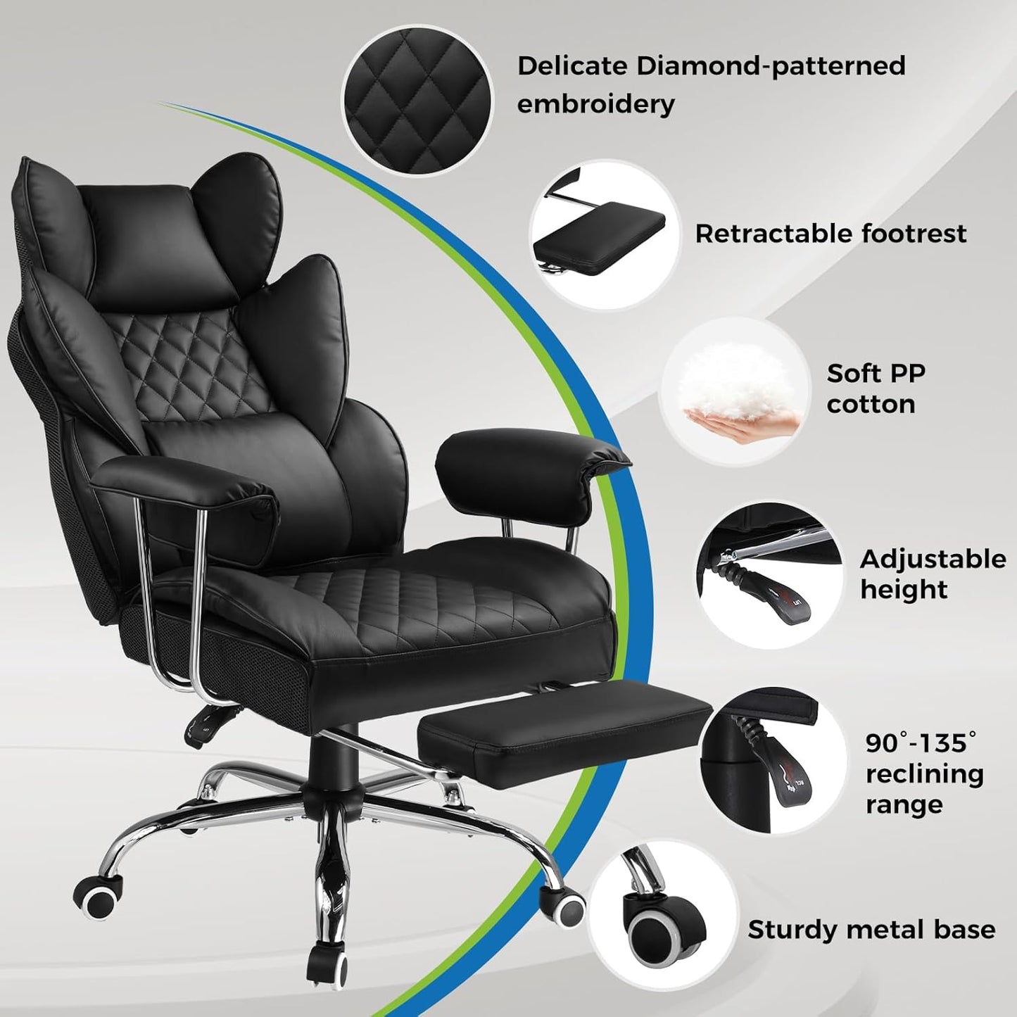 Gaming Chair,Office Chair with Pocket Spring Lumbar Support, Ergonomic Comfortable Wide Office Desk Computer Chair with Outward Fixed Soft Armrests and Footrest (PU Leather, Black)