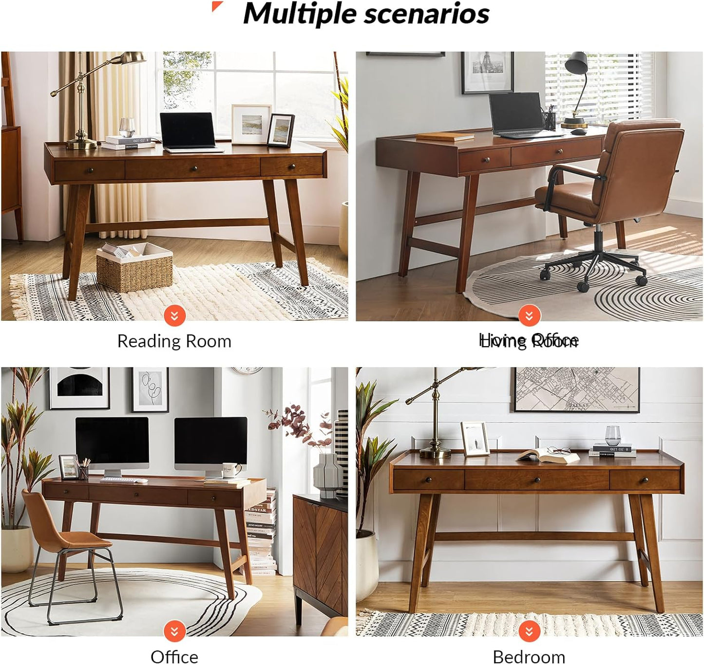 Home Office Desk with 3 Drawers & Solid Wood Legs, Writing Table with Charging Station & Cable Management, Mid Century Modern Desk for Bedroom/Living Room/Study/Workstation, Walnut