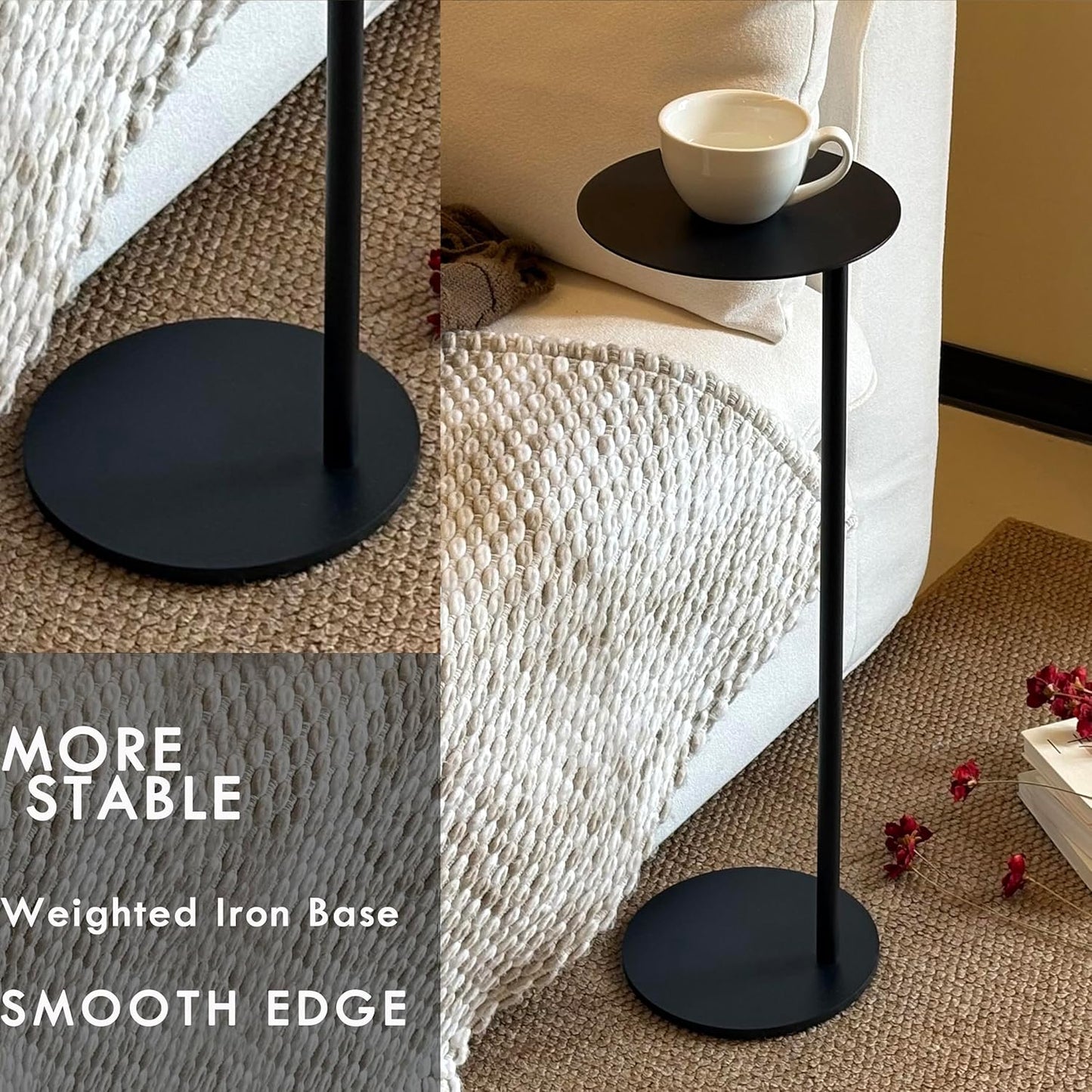 Premium round Mini Side Table, C Shaped End Table, Drink Table, Small Pedestal Side Table with Upgraded Weighted Metal Base, for Livingroom, Bedroom, Bathroom, Balcony, Small Spaces (Black)