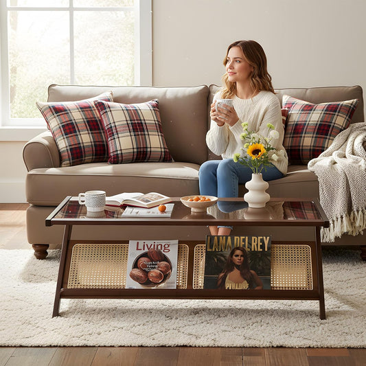 Rattan Coffee Table, Bamboo Accent Bedside Tables, Glass Nightstand Side Table, Boho Wooden End Table with Storage for Living Room,Living Room, Dining Room, Tea, Home Décor