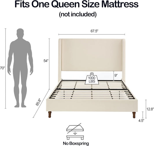 Tall Headboard Upholstered Bed,Queen Size Platform Bed Frame with Headboard Wingback,54" High No Box Spring Needed Easy Assembly Elegant Simplicity Ivory Boucle