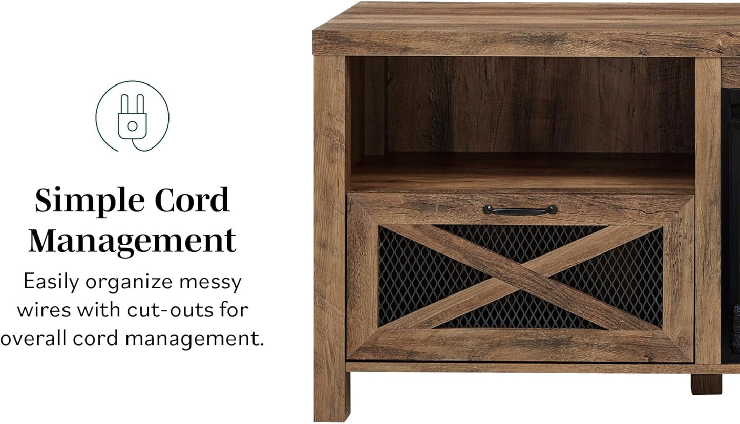 Calgary Industrial Farmhouse X-Drawer Metal Mesh and Wood Fireplace TV Stand for Tvs up to 80 Inches, 70 Inch, Rustic Oak