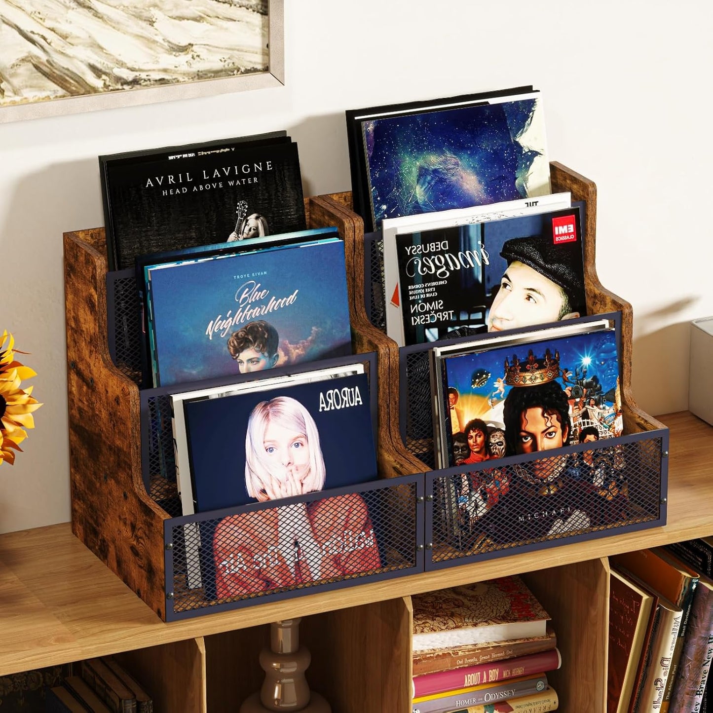 Vinyl Record Storage,Stepped 3 Tier LP Vinyl Record Crate,Vinyl Record Album Holder,Holds up to 60 Records,Desktop Metal & Wooden Record Box Case Crate