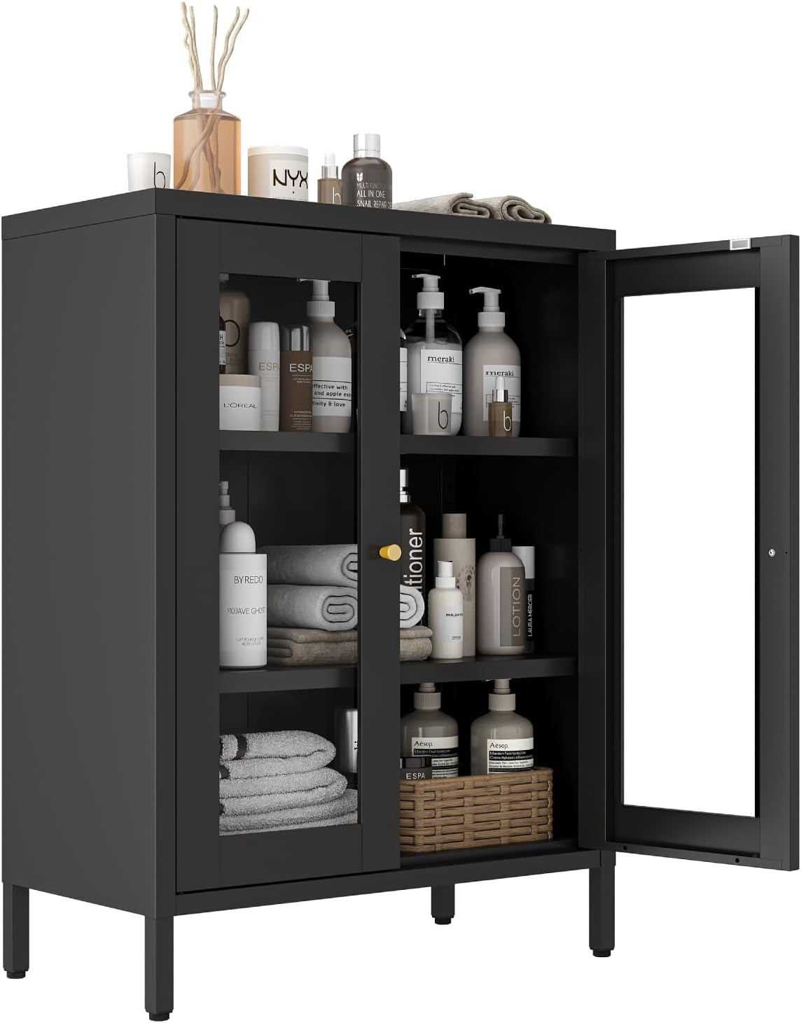 Metal Bathroom Cabinet, Small Floor Storage Cabinet, Freestanding Sideboard with 2 Adjustable Shelves for Living Room, Dinging Room (Black, 31.5" H-2 Doors)
