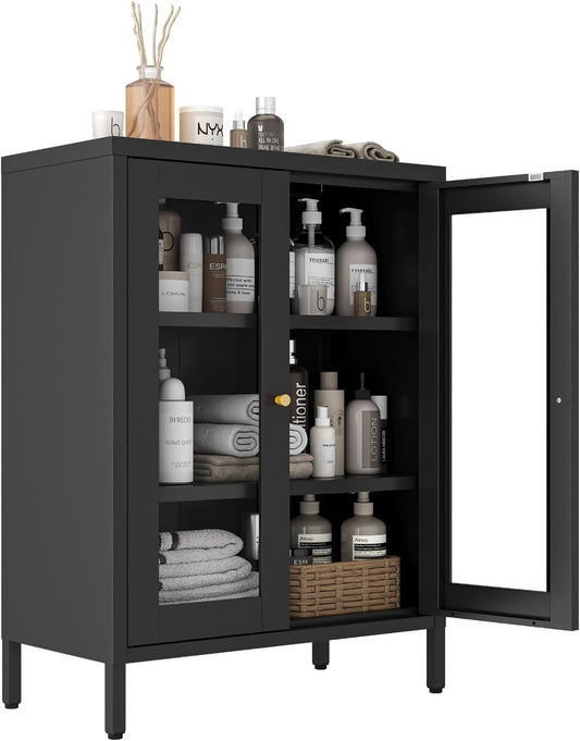 Metal Bathroom Cabinet, Small Floor Storage Cabinet, Freestanding Sideboard with 2 Adjustable Shelves for Living Room, Dinging Room (Black, 31.5" H-2 Doors)