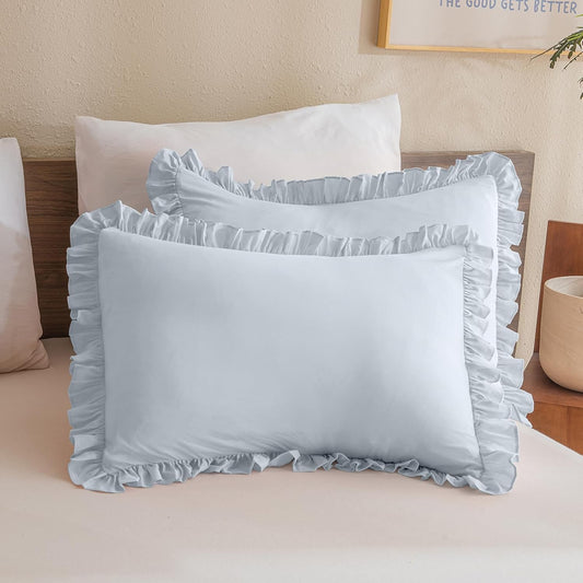 Light Blue Ruffle Pillow Shams King Size,2 Pack 20"X36" Pillow Sham,Shabby Boho Chic Farmhouse Bed Pillow Covers King Ultra Soft and Luxury Microfiber Vintage Pillowcases Set