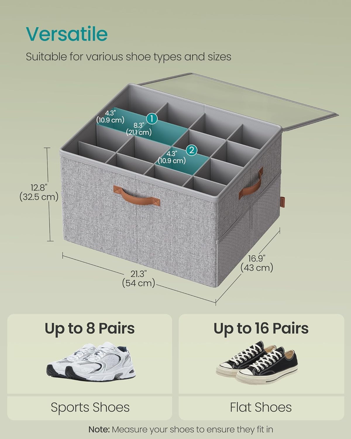 Set of two dove gray fabric shoe storage bins with clear cover, view 6