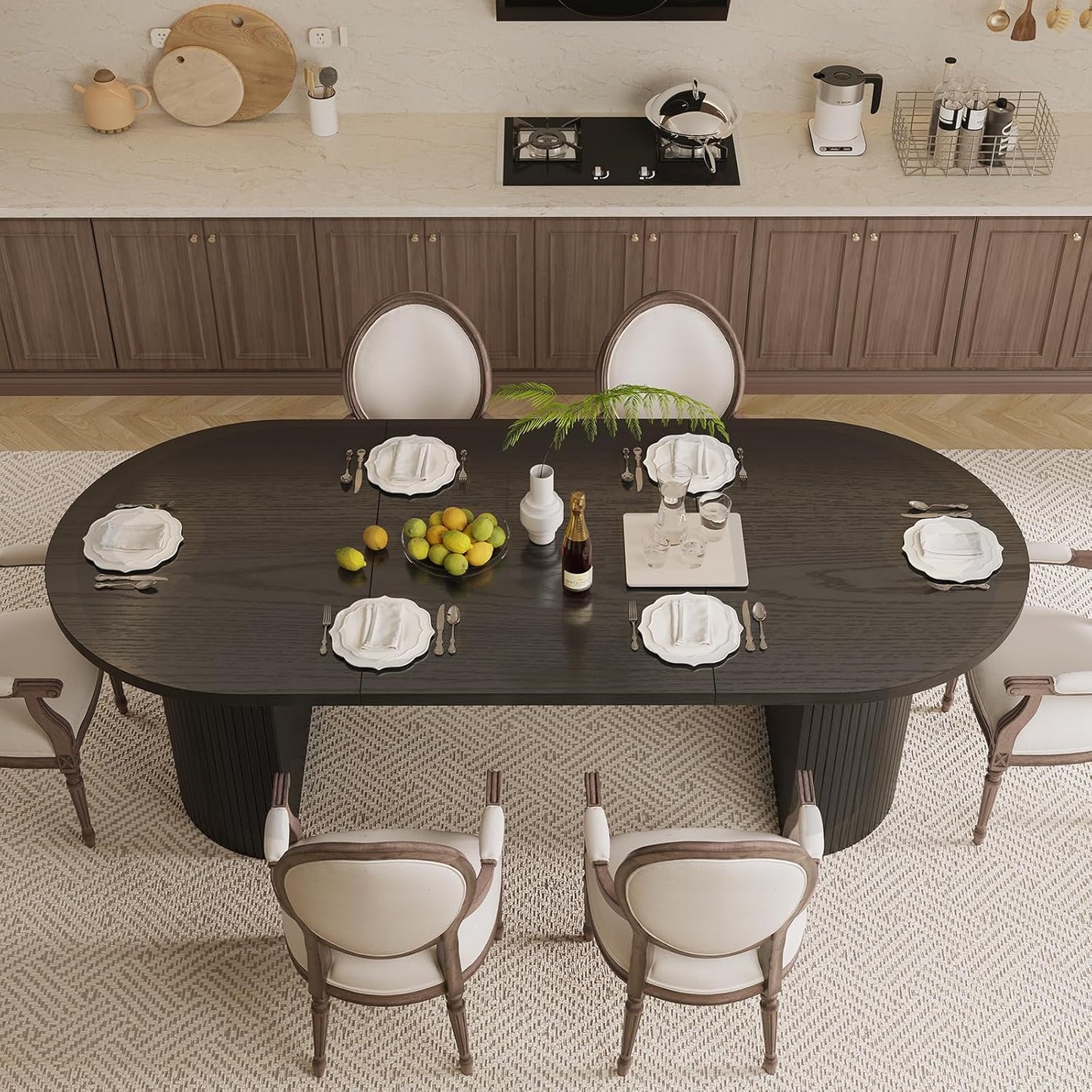 70.8 Inch Dining Table for 4-8, Oval Dining Room Table with Curved Fluted Wood Strip Base, Mid-Century Modern Kitchen Tables with Footpads, Dinner Tables for Living Room, Dining Room, Black