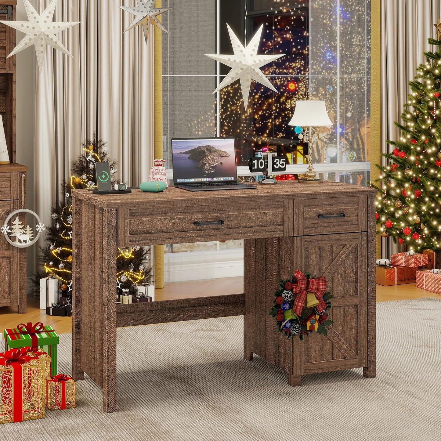 Red brown farmhouse executive desk with drawers and storage cabinet, view 7