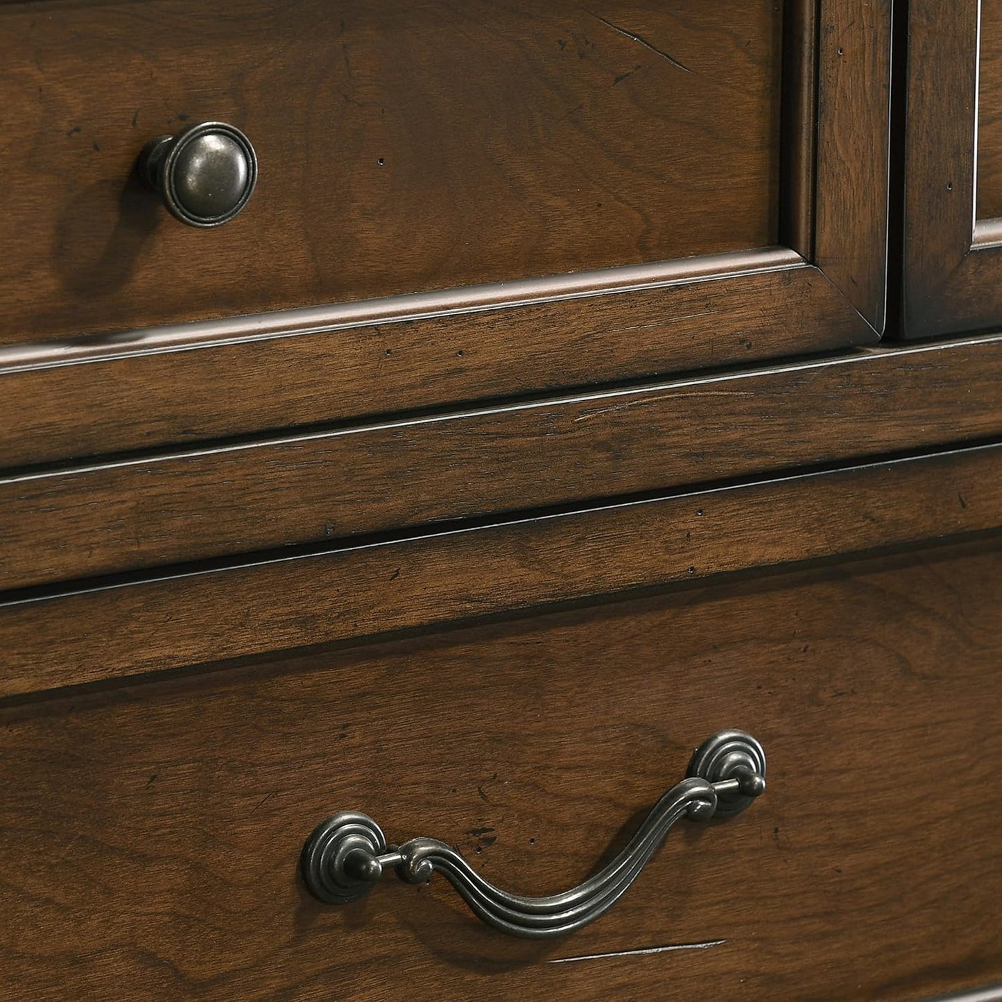 Maderne Traditional Wood Panel Bed with Dresser, Mirror, Two Nightstands, Chest, King, Antique Walnut Finish
