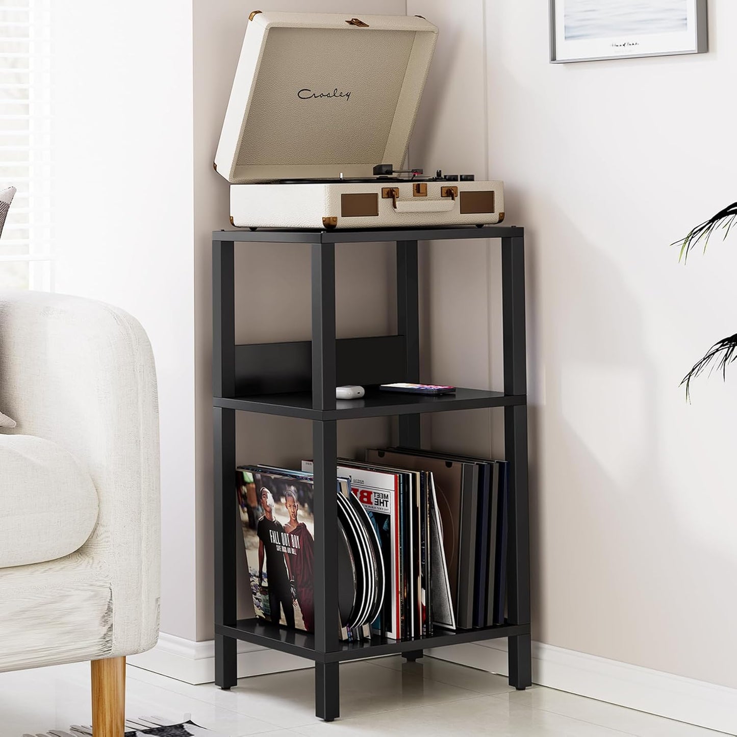 Black 3 tier record player stand end table with storage, view 8