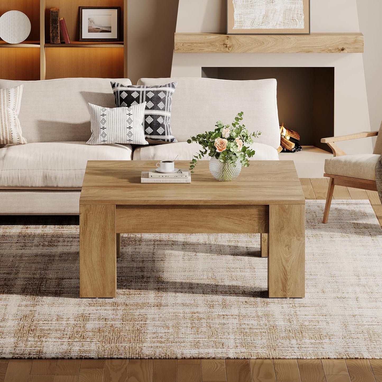 Light brown square farmhouse wooden coffee table, view 8