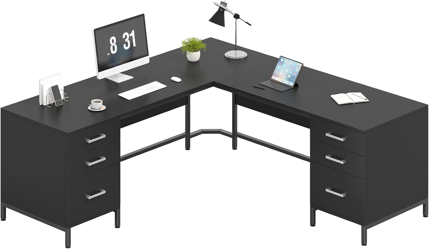 59’‘ L Shaped Desk with 6 Wood Drawers, Large Home Office Corner Computer Desk with Storage File Cabinet, Modern Metal Wood Desk for Executive Writing Study Workstation, Black
