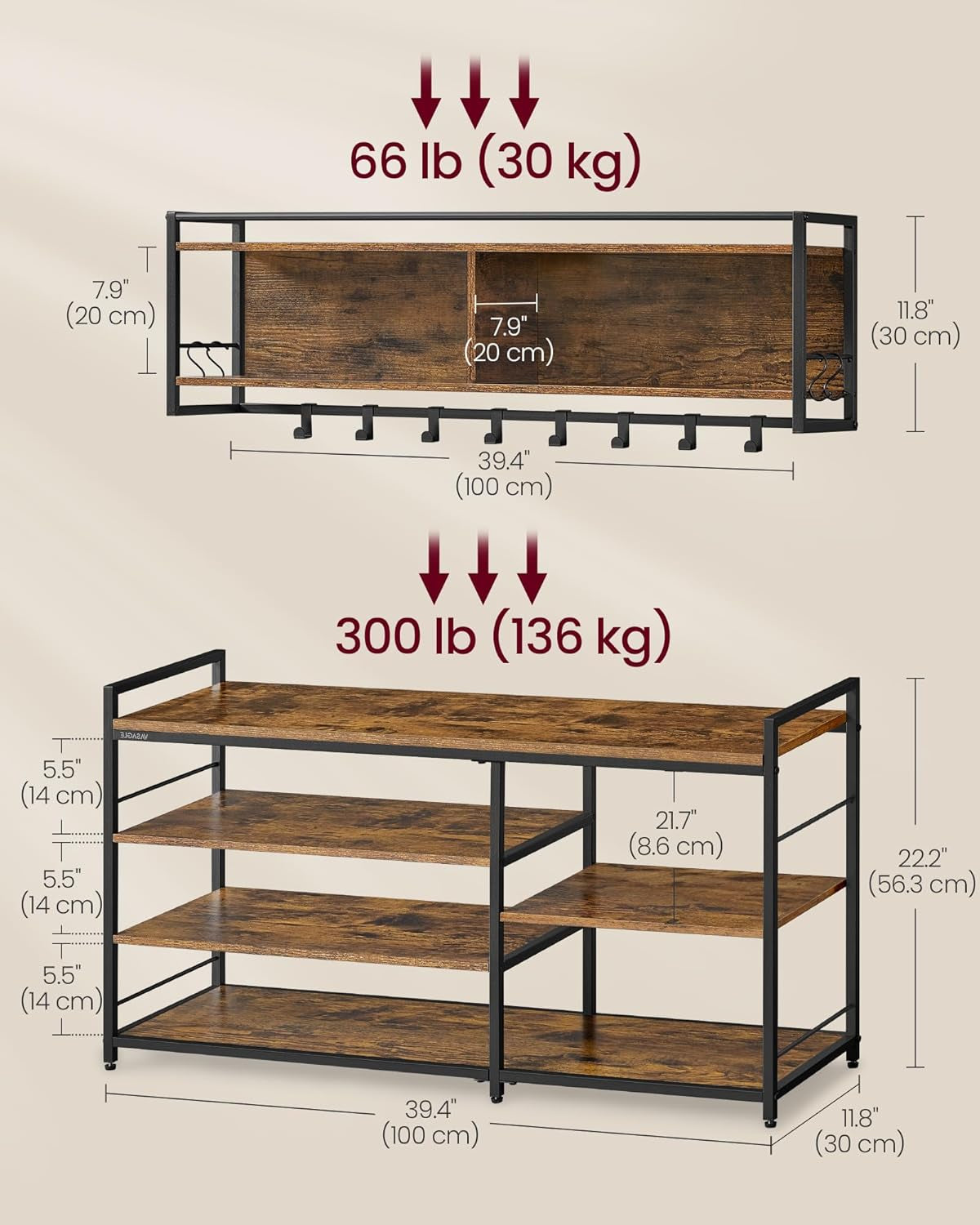 Hall Tree with Shoe Bench, Coat Rack Shoe Bench Set, Entryway Furniture, Multifunctional, 12 Metal Hooks, 4-Tier Shoe Rack, for Entryway, Bedroom, Rustic Brown ULSB108K01