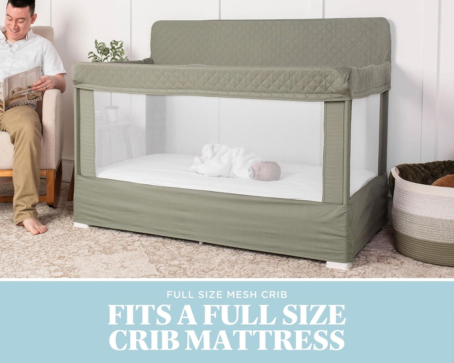 Lunaire Full Size Crib | Breathable Mesh Baby Crib | Tool-Free Assembly Baby Bed | 100% GOTS Certified Organic Cotton Fabric | Organic Sage