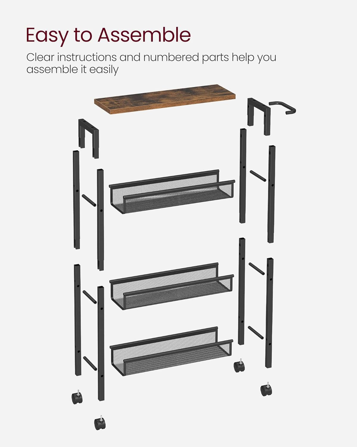 Slim Rolling Cart, 4-Tier Narrow Storage Cart with Handle, 5.1 Inches Deep, Metal Frame, for Kitchen, Dining Room, Living Room, Home Office, Rustic Brown and Classic Black ULRC032B01V1