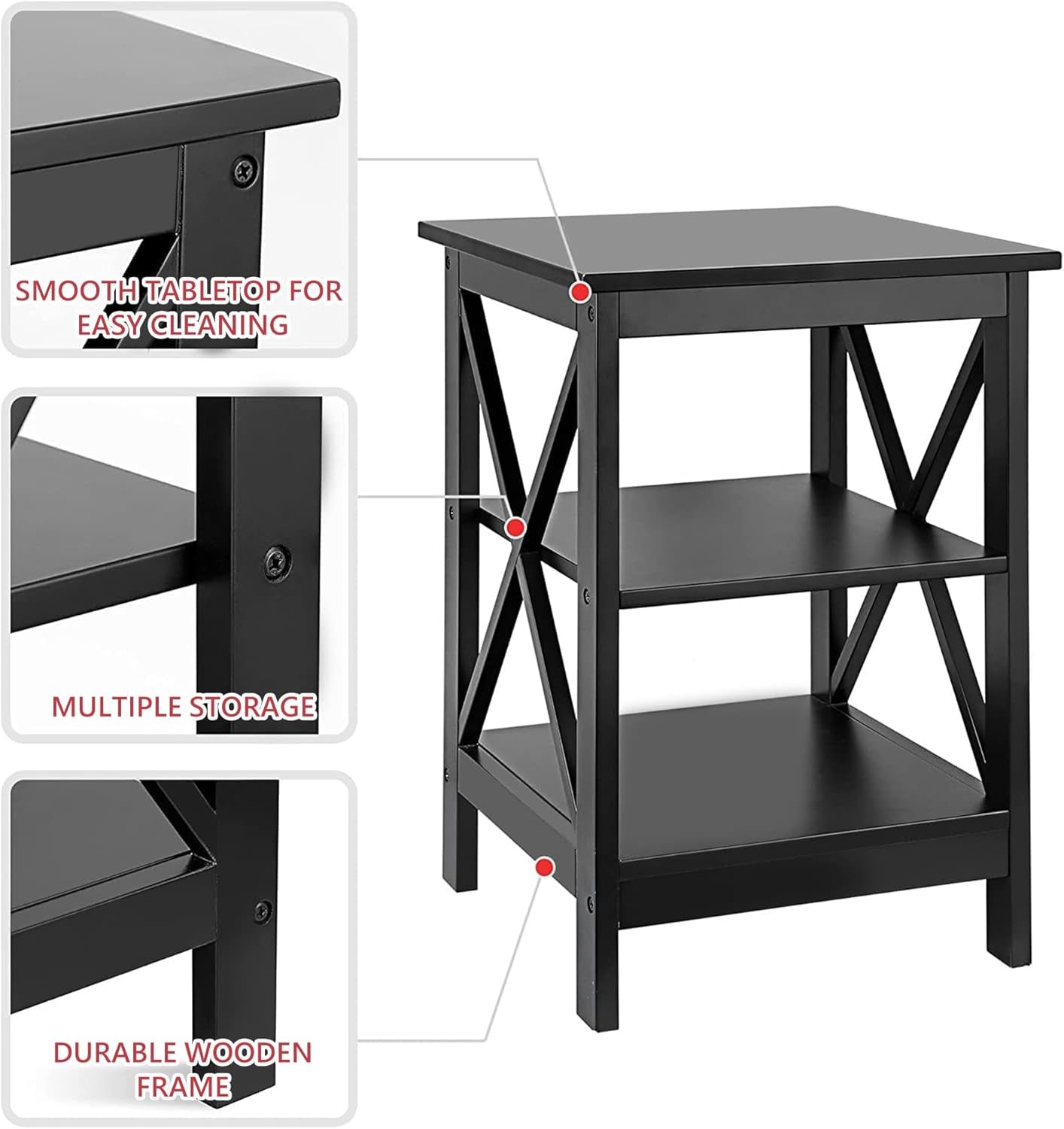 3-Tier End Table with Storage Shelves Versatile X-Design Wood Sofa Side Table for Living Room Bedroom Apartment Small Spaces, Black