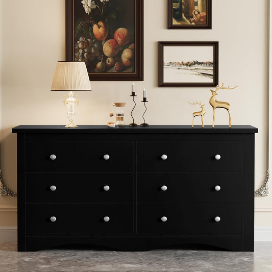 Dresser for Bedroom, 6 Wood Dresser, Chest of Drawers, for TV up to 65 Inch, TV Stand Storage Chest of Drawers for Hallway Entryway (Black)