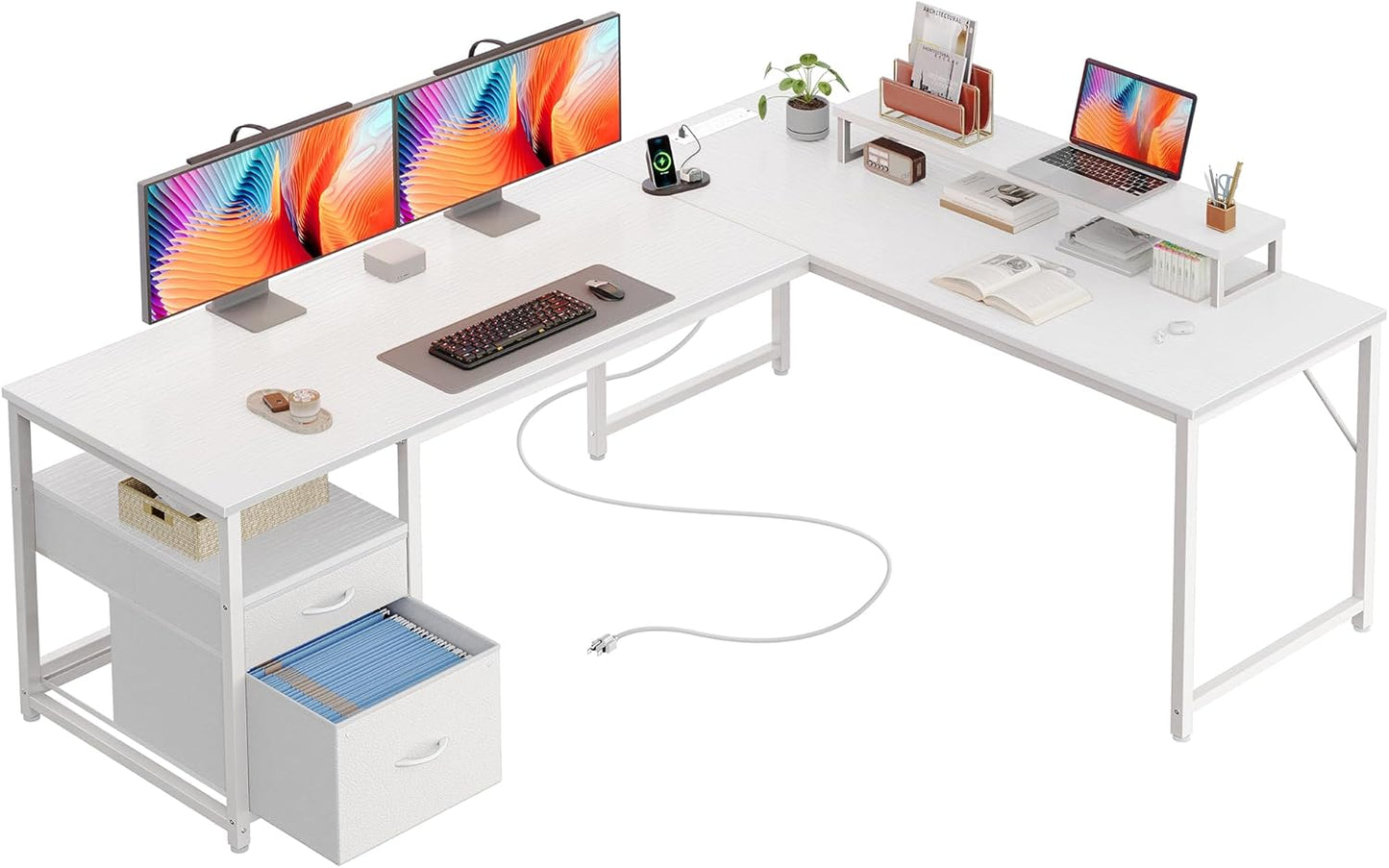 63 Inch L Shaped Desk with Power Outlets and USB-C Port, Computer Corner Home Office Desk with File Fabric Drawers and Movable Monitor Stand, Larger Storage, Gaming, Writing, Work, White