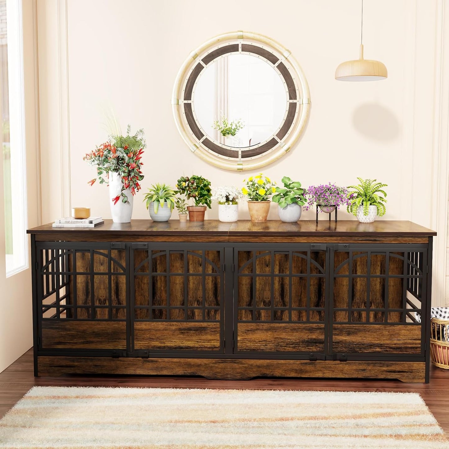 86 Inch Double Dog Crate Furniture for 2 Large Dogs, Decorative Dog Kennel Indoor TV Stand, Heavy Duty Wooden Dog Cage for Large Medium Dogs Sized Dog Pet House with Divider (Brown)