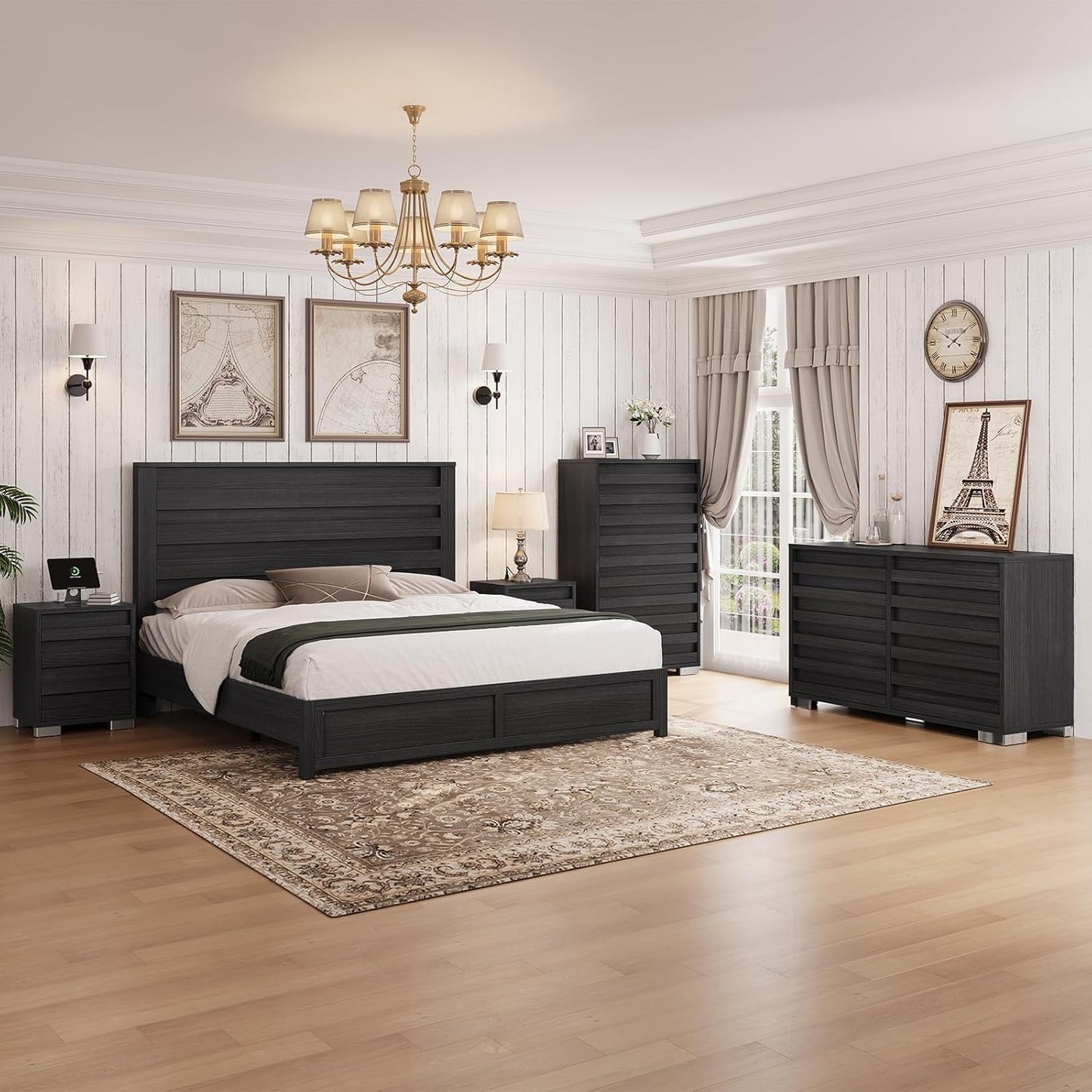 2 Pcs Bedroom Furniture Sets - Includes 1 X Farmhouse 6 Drawers Dresser, 1X Farmhouse Full Size Bed Frame with 49" Tall Headboard, Wooden Platform Bed with Hidden Metal Bed Frame, Black