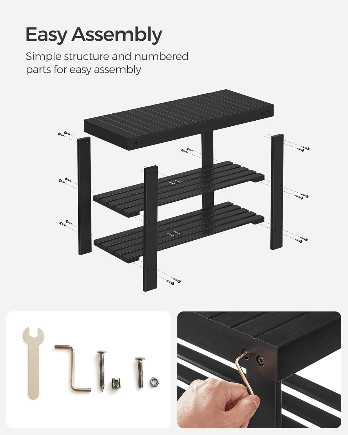 Shoe Rack Bench, 3-Tier Bamboo Shoe Storage Organizer, Entryway Bench, Holds up to 286 Lb, 11.3 X 27.6 X 17.8 Inches, for Entryway Bathroom Bedroom, Ink Black ULBS04H