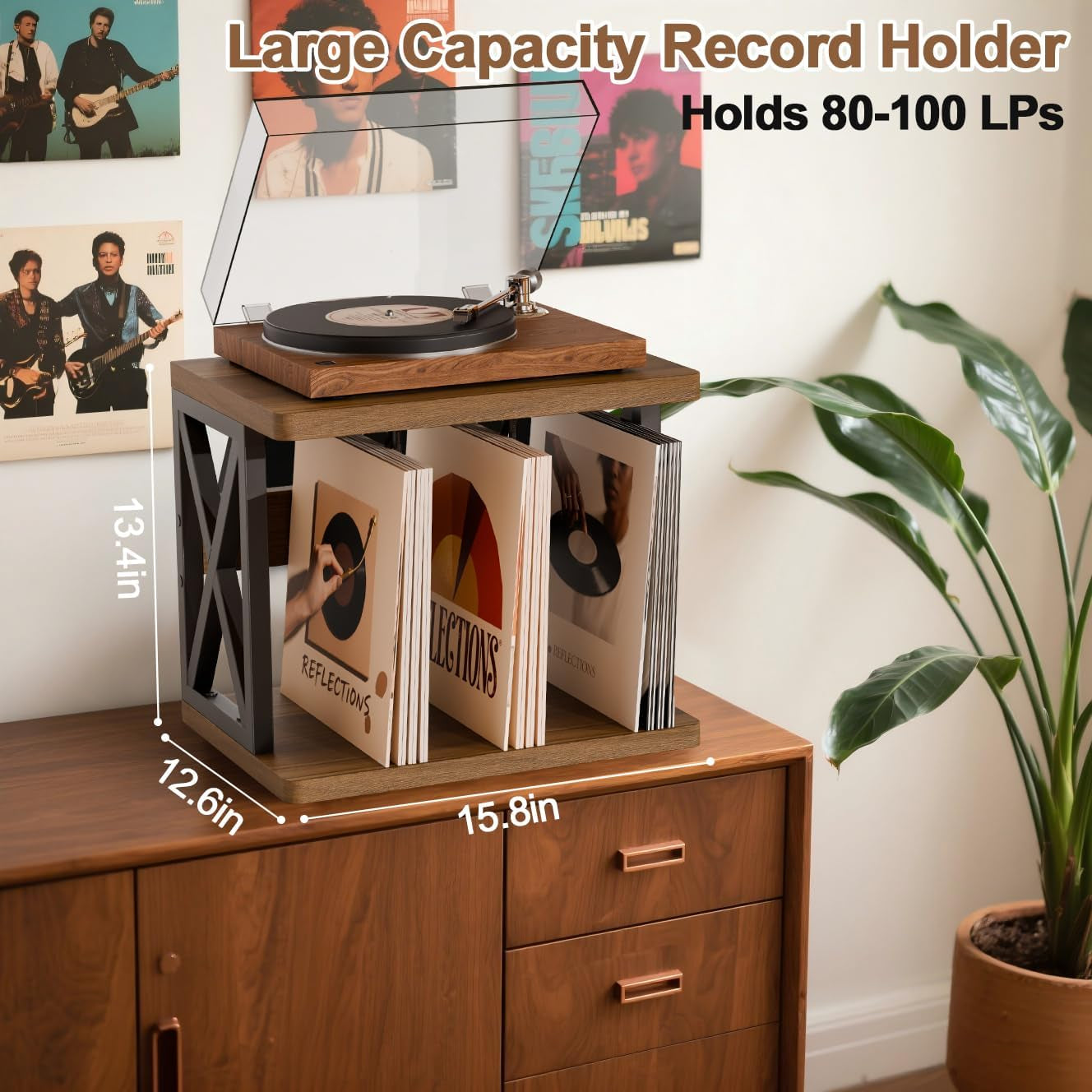 Vinyl Records Storage,80-100Lps Record Holder,Stackable Vinyl Holder,2-Tier Record Player Stand,Wood Records Player Table,Turntable Stand for Magazine, Book, Files, Albums