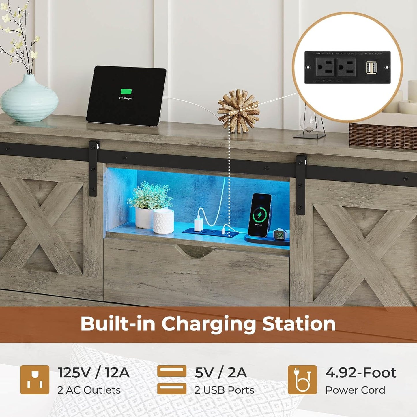 Farmhouse Bed Frame Twin Size with 2 Storage Drawers, Wooden Platform Twin Bed with LED Lights and Charging Station, Rustic Accent Headboard with Sliding Barn Door Storage Cabinets