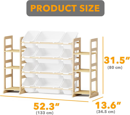 Toy Storage Organizer with 6 Shelves and 12 Bins, Bookshelf/Bookcase, Kids Bin Shelf, Toys Box for Playroom Organization for Bedroom & Room Decor, White, 52.3" W