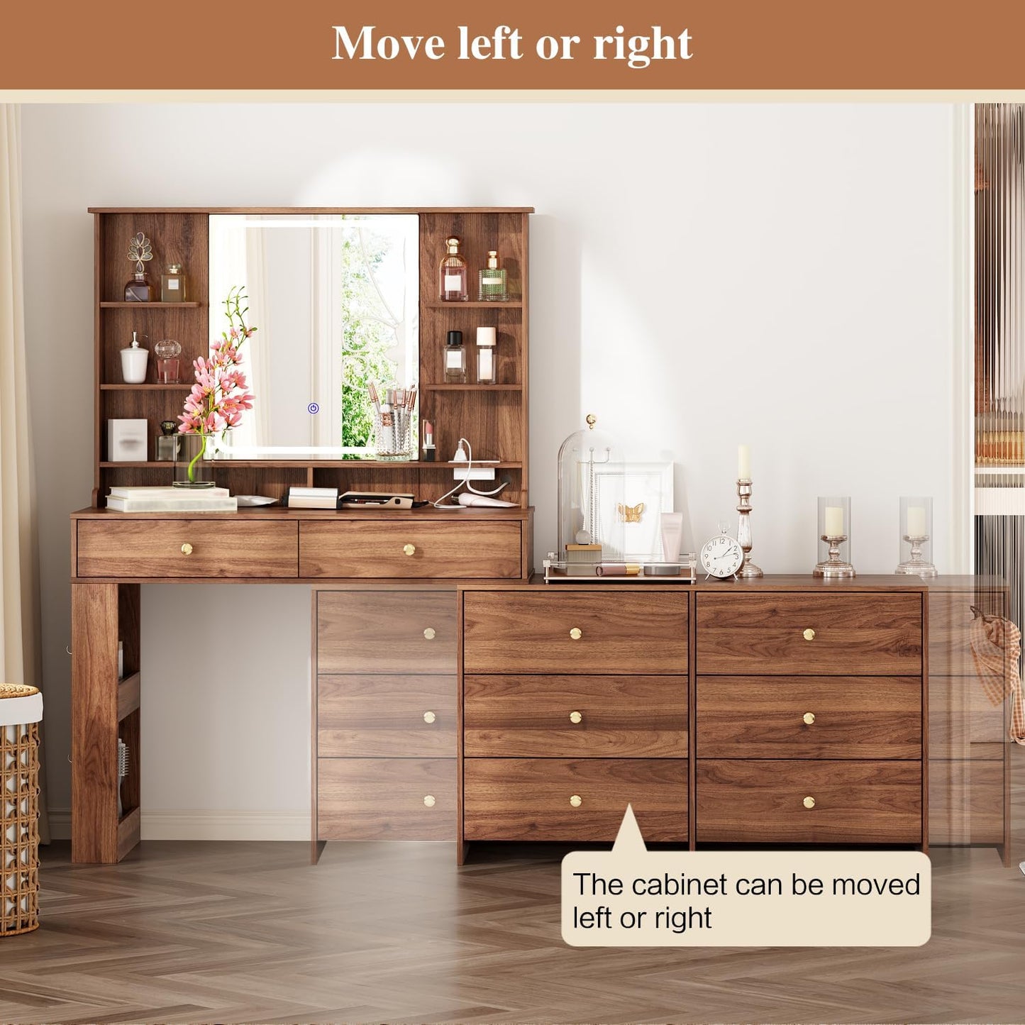 Makeup Vanity Desk with Mirror and Lights, Vanity Desk with 8 Drawers & Storage Shelves, Vanity Table with Power Outlet, 3 Color Modes & Adjustable Brightness Dressing Table, Bedroom,Brown