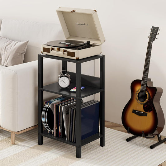 Record Player Stand with Storage up to 100 Albums,Record Storage Table,3 Tier End Table,Side Table for Living Room, Bedroom, Black TB01BK075