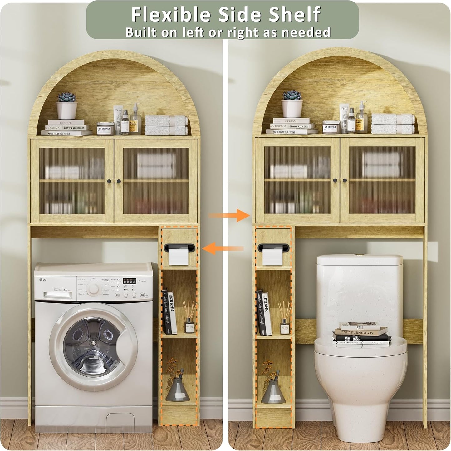 Over the Toilet Storage Cabinet, 31''W Arched Space-Saving Bathroom Organizer with Adjustable Shelf and Acrylic Doors, Freestanding over Toilet Cabinet for Bathroom, Laundry, Restroom (Oak Wood)