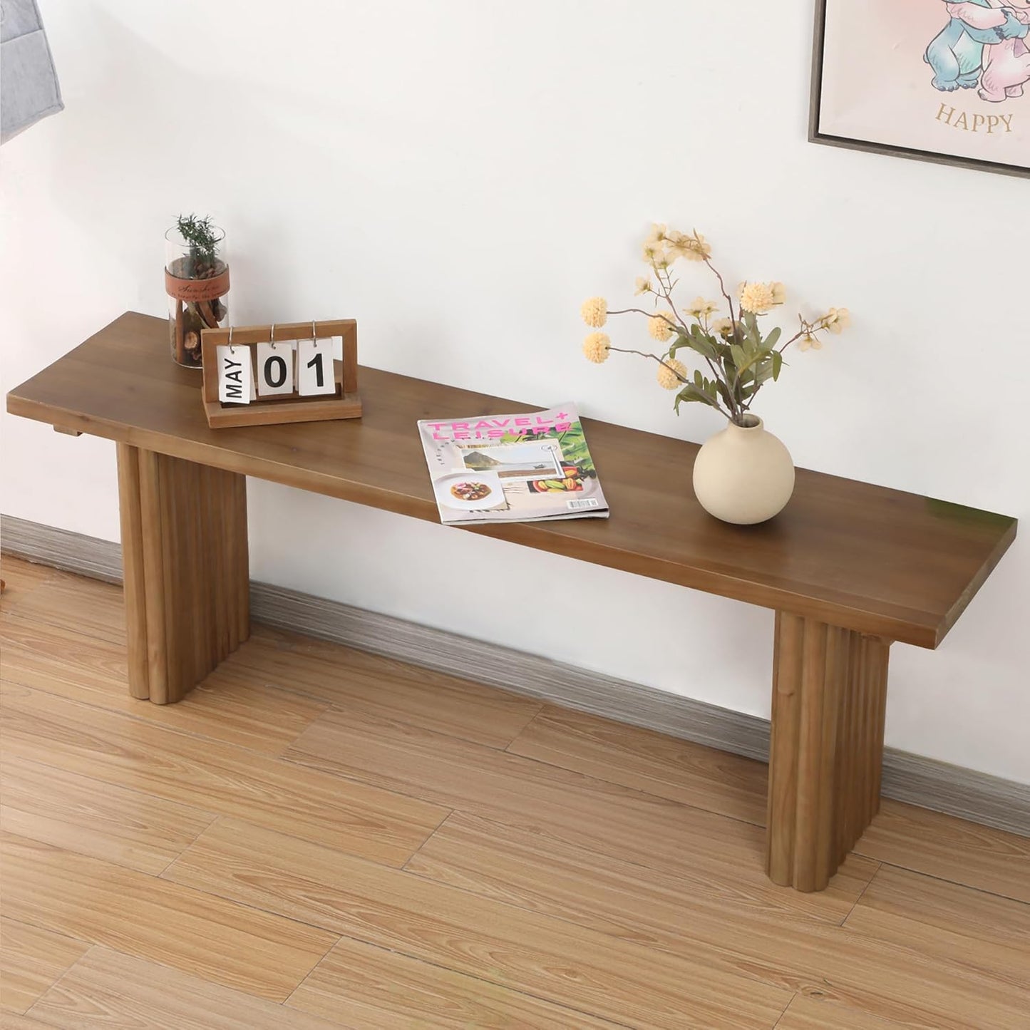 Solid Wood Entryway Bench - 51.2" Fluted Farmhouse Bench, Indoor Long Dining Benches Seat Narrow End of Bed Benches for Entry Way, Kitchen, Living Room and Bedroom, Brown