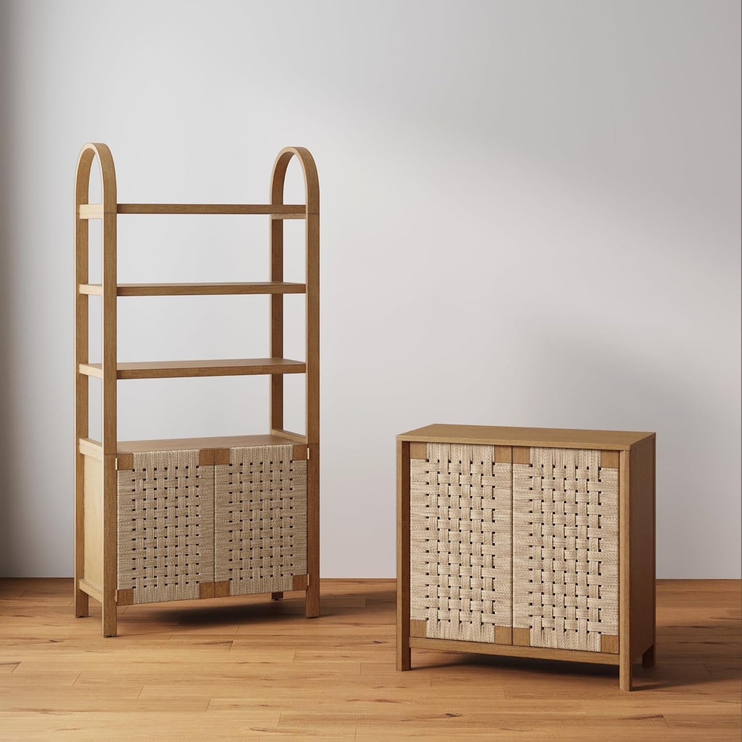 Aerie Rustic Wood Cabinet, Boho Living Room Storage Cabinet with Seagrass Door Panels and Solid Wood Legs, Light Brown