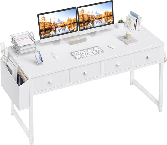 47 Inch White Computer Desk with Fabric Drawers for Home Office Bedroom, Vanity Desk with Drawer Storage and Side Pouch, Study Writing Table, White
