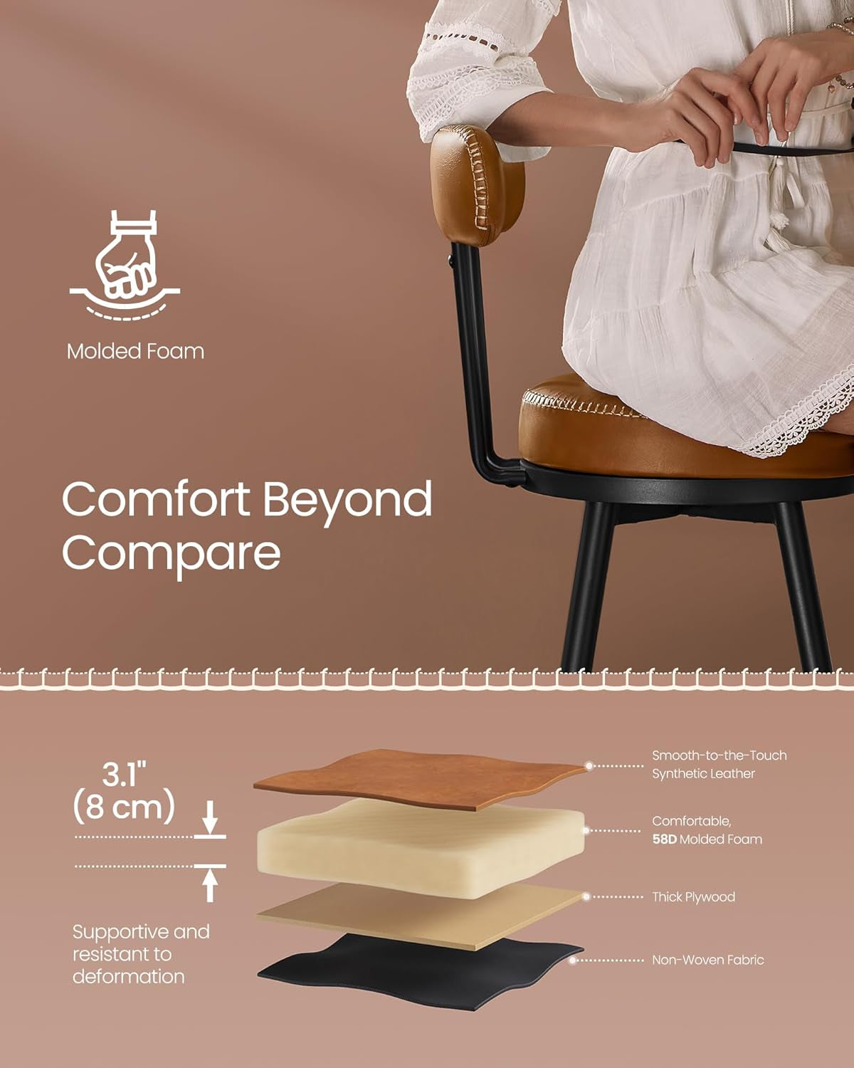 EKHO Collection - Bar Stools Set of 2, Swivel Counter Height Bar Stools with Back, Synthetic Leather with Stitching, Mid-Century Modern, 25.6-Inch Tall Barstools for Kitchen Bar, Caramel Brown
