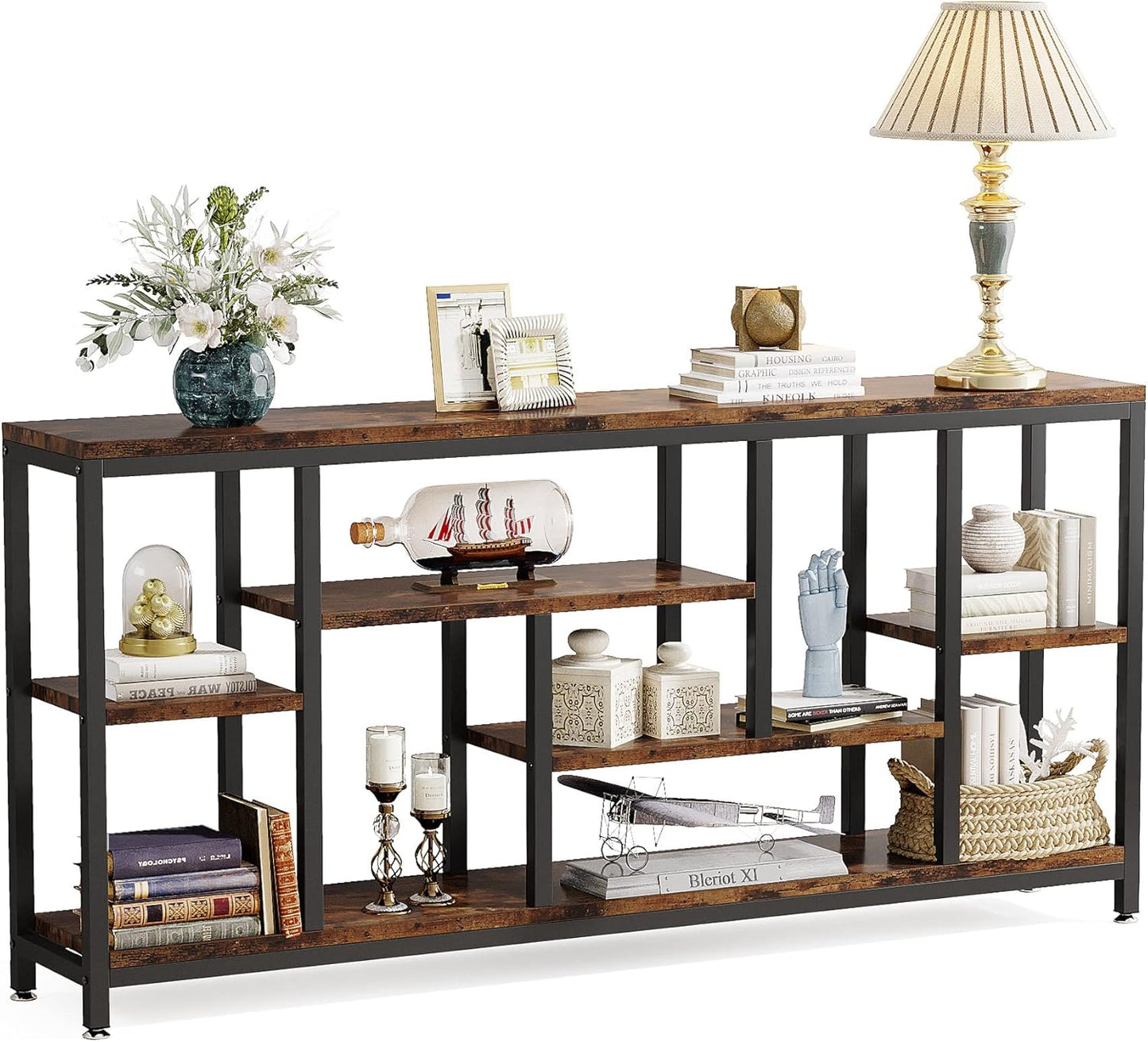 Console Sofa Table, 70.9 Inch Extra Long Table behind Couch with Storage Shelves, 3-Tier Industrial Narrow Entryway Hallway Accent Table for Living Room, Rustic Brown